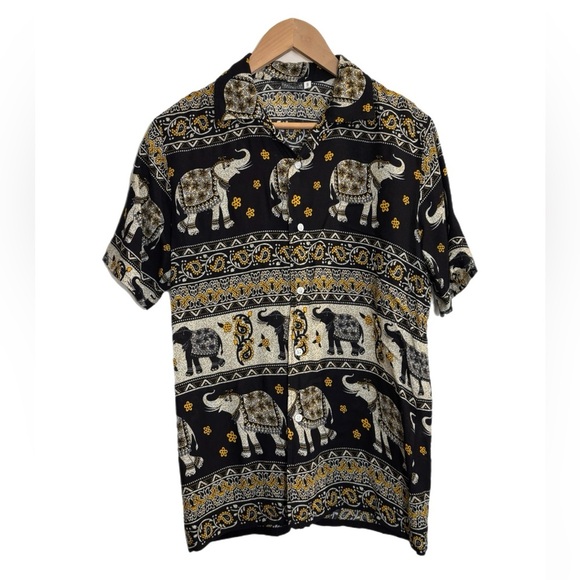 EARTHBOUND Tops - Earthbound Trading co. B & W & yellow elephant pattern short sleeve button up